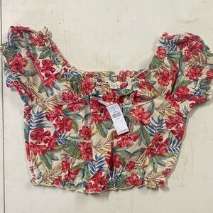 American Eagle Colorful Cotton Linen Hawaiian Hibiscus Cropped Top Size XS